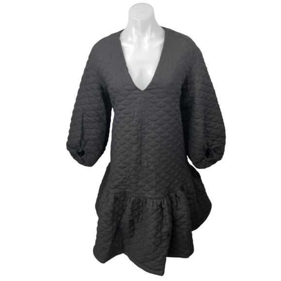 NEW ASOS Black Quilted Plunge Neck Balloon Sleeve Tiered Ruffle Hem Dress Size 2 - Picture 1 of 5